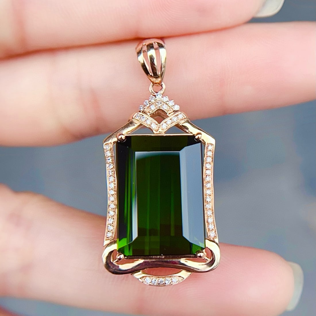 14k Gold 14.31 Ctw Natural Tourmaline & Diamond Pendant( Without Chain ) - 4