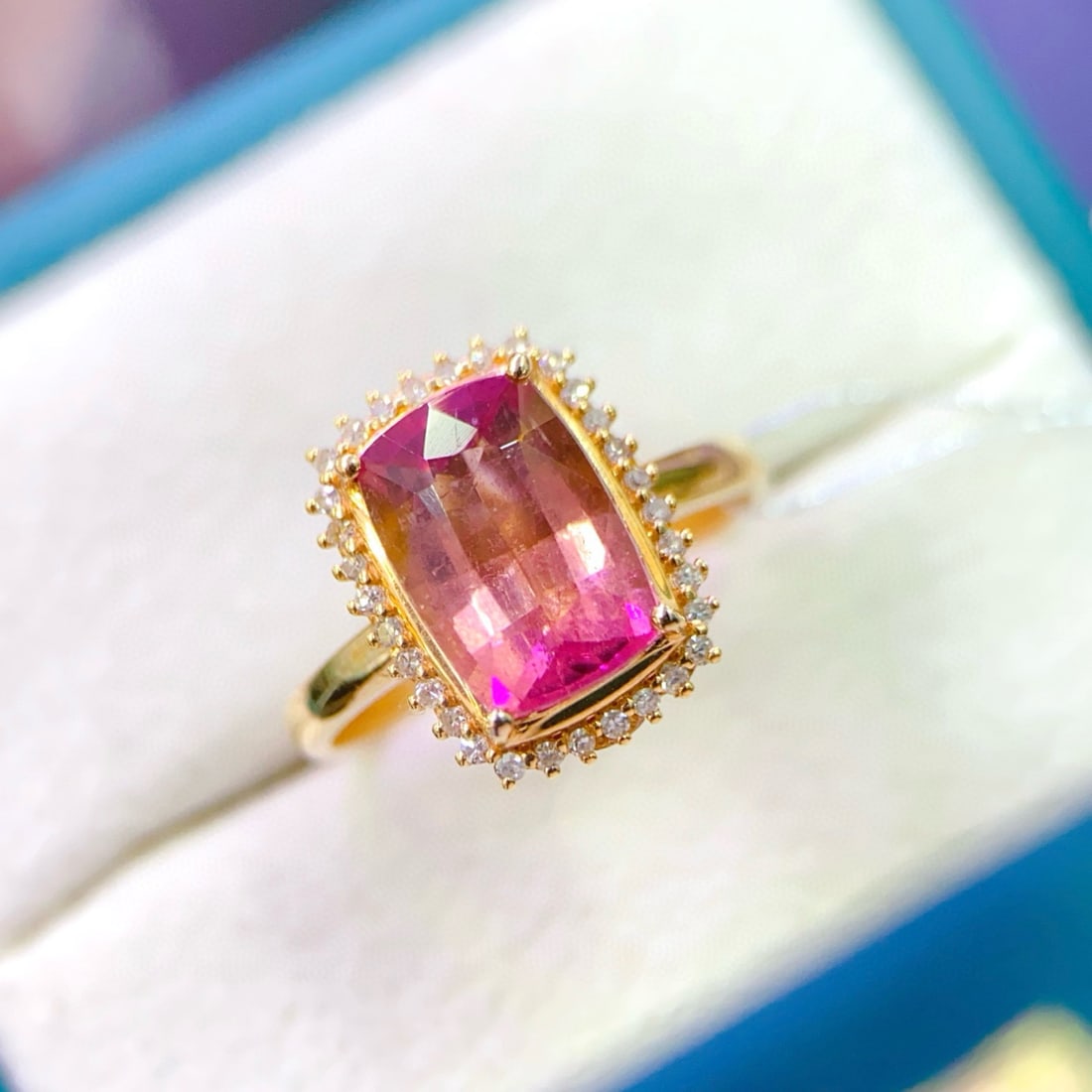 14k Gold 3.06 Ctw Natural Tourmaline & Diamond Ring: Ref:230957184 // gold content:14k gold // ring size:7. 25us // // main gemstone:tourmaline // shape:cushion // carat weight:2. 9ct // color:pink // treatment:natural // // adjacent gemstone 2 :
