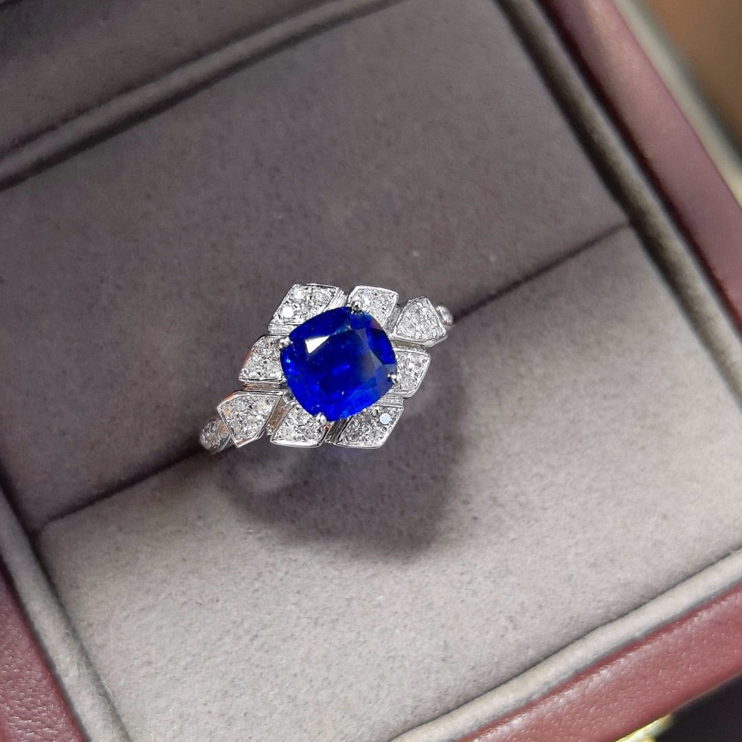 14k Gold 1.97 Ctw Natural Sapphire & Diamond Ring: Ref:230958071 // gold content:14k gold // ring size:7. 25us // // main gemstone:sapphire // shape:cushion // carat weight:1. 62ct // color:royal blue // treatment:natural // // adjacent gemstone 2