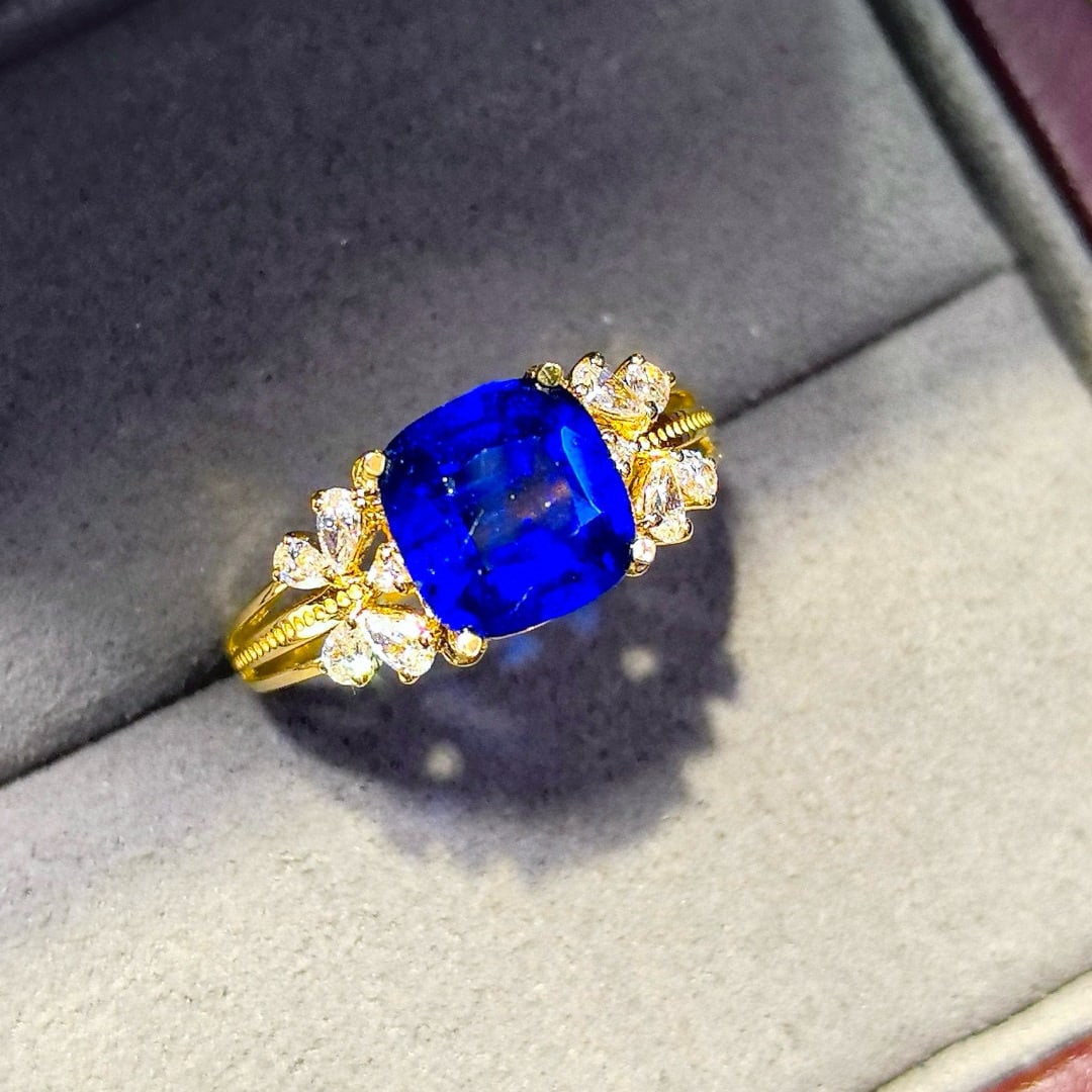 14k Gold 2.69 Ctw Natural Sapphire & Diamond Ring: Ref:230958072 // gold content:14k gold // ring size:7. 25us // // main gemstone:sapphire // shape:cushion // carat weight:2. 38ct // color:royal blue // treatment:natural // // adjacent gemstone 2