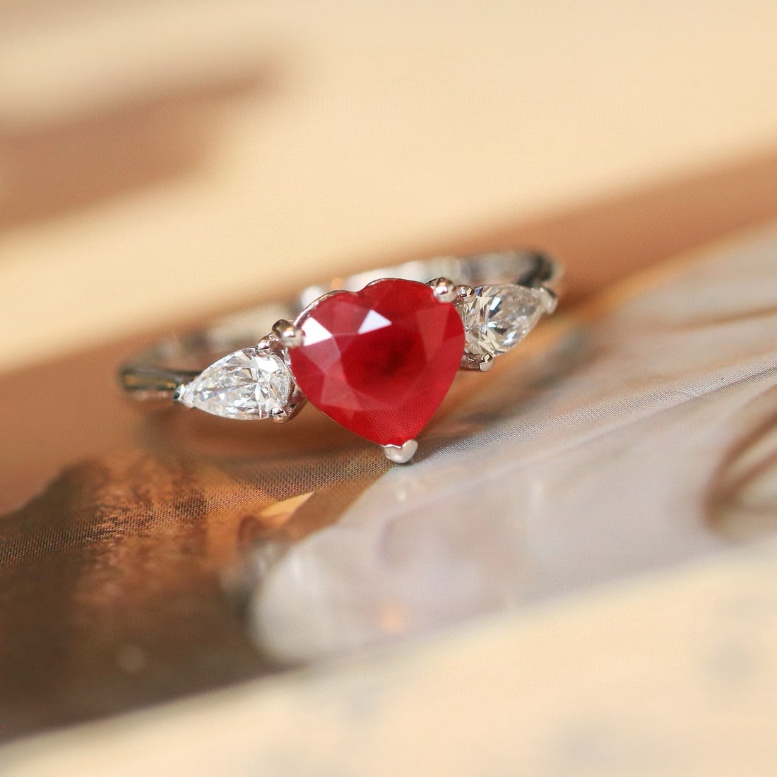 14k Gold 2.38 Ctw Natural Ruby & Diamond Ring: Ref:230958102 // gold content:14k gold // ring size:7. 25us // // main gemstone:ruby // shape:heart // carat weight:2. 03ct // color:pigeonblood red // treatment:natural // // adjacent gemstone 2