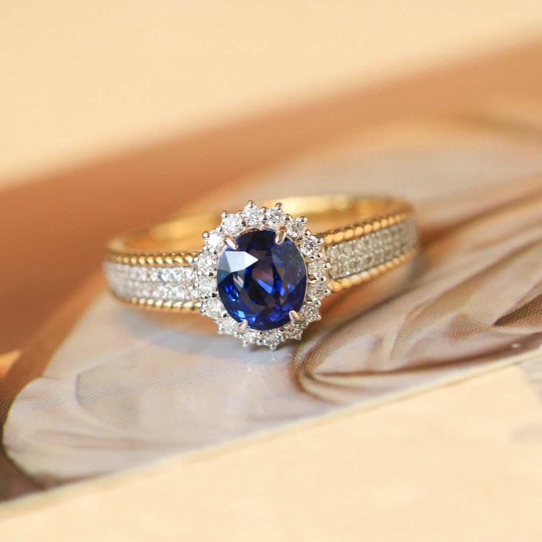 14k Gold 1.87 Ctw Natural Sapphire & Diamond Ring: Ref:230958103 // gold content:14k gold // ring size:7. 25us // // main gemstone:sapphire // shape:oval // carat weight:1. 53ct // color:blue // treatment:natural // // adjacent gemstone 2 :