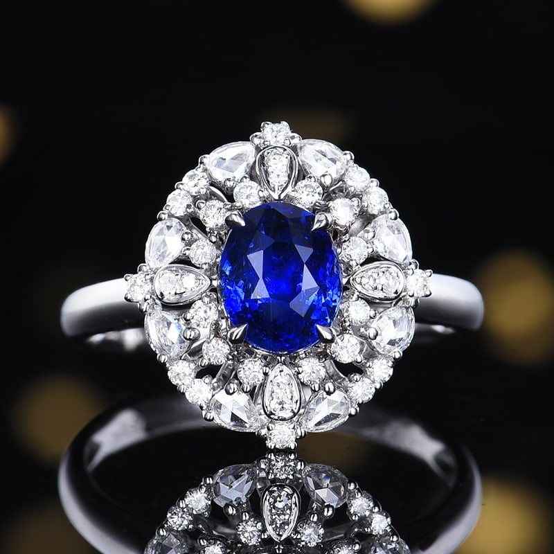 14k Gold 2.14 Ctw Natural Sapphire & Diamond Ring: Ref:230958113 // gold content:14k gold // ring size:7. 25us // // main gemstone:sapphire // shape:oval // carat weight:1. 69ct // color:royal blue // treatment:natural // // adjacent gemstone 2 :