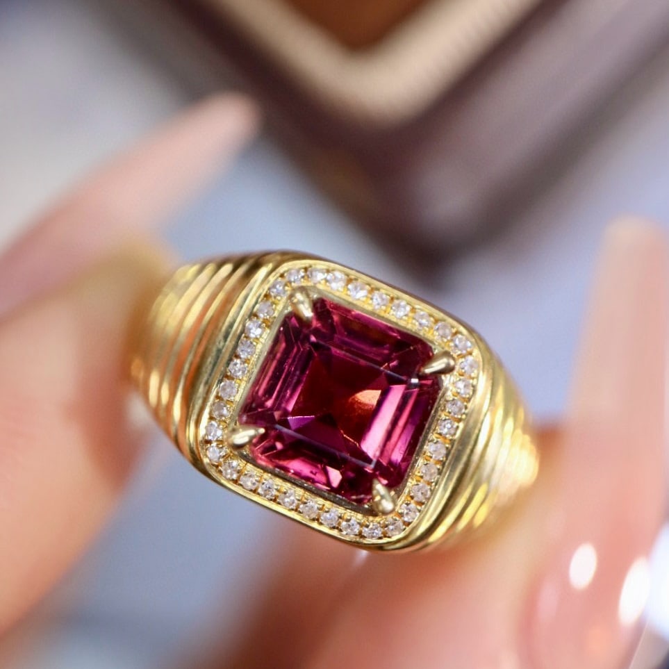 14k Gold 2.25 Ctw Natural Tourmaline & Diamond Ring: Ref:230958116 // gold content:14k gold // ring size:7. 25us // // main gemstone:tourmaline // shape:octagonal // carat weight:2. 12ct // color:red // treatment:natural // // adjacent gemstone 2 :