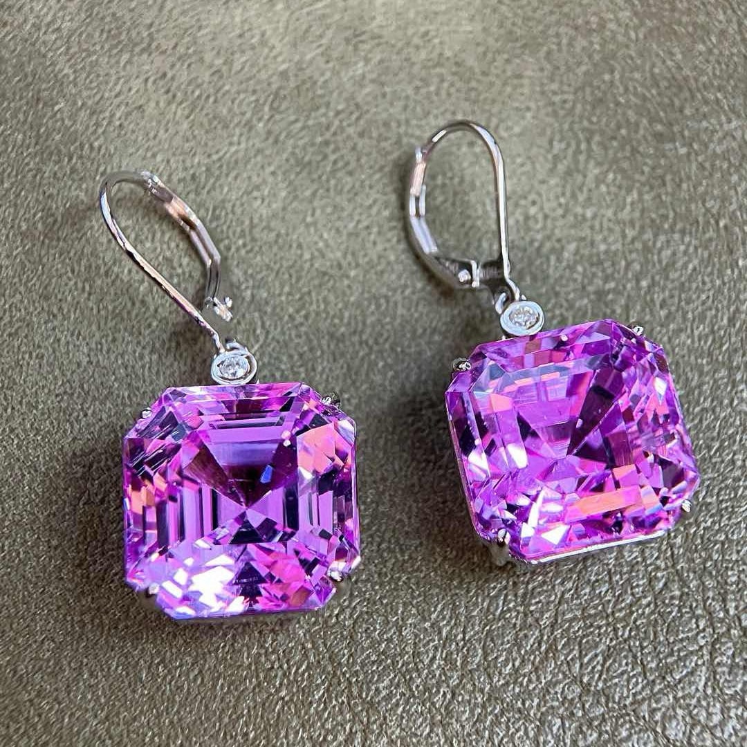 14k Gold 38.05 Ct Natural Kunzite & Diamond Earrings: Ref:230958170 // gold content:14k gold // main gemstone:kunzite // shape:octagonal // carat weight:38. 05ct // color:purple // treatment:natural // // adjacent gemstone 2 : diamond // shape:round