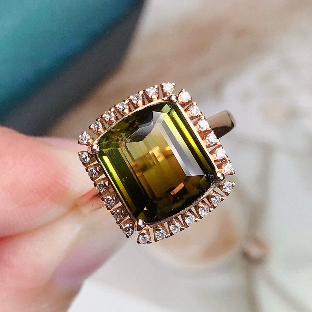 14k Gold 5.71 Ctw Natural Tourmaline & Diamond Ring: Ref:230958228 // gold content:14k gold // ring size:7. 25us // // main gemstone:tourmaline // shape:cushion // carat weight:5. 65ct // color:green // treatment:natural // // adjacent gemstone 2 :