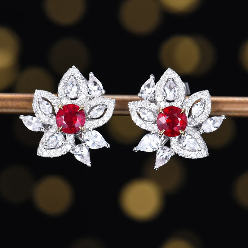 14k Gold 0.95 Ctw Natural Ruby & Diamond Earrings: Ref:230958297 // gold content:14k gold // main gemstone:ruby // shape:round // carat weight:0. 73ct // color:pigeonblood red // treatment:natural // cut grade:g // // adjacent gemstone 2 : diamond