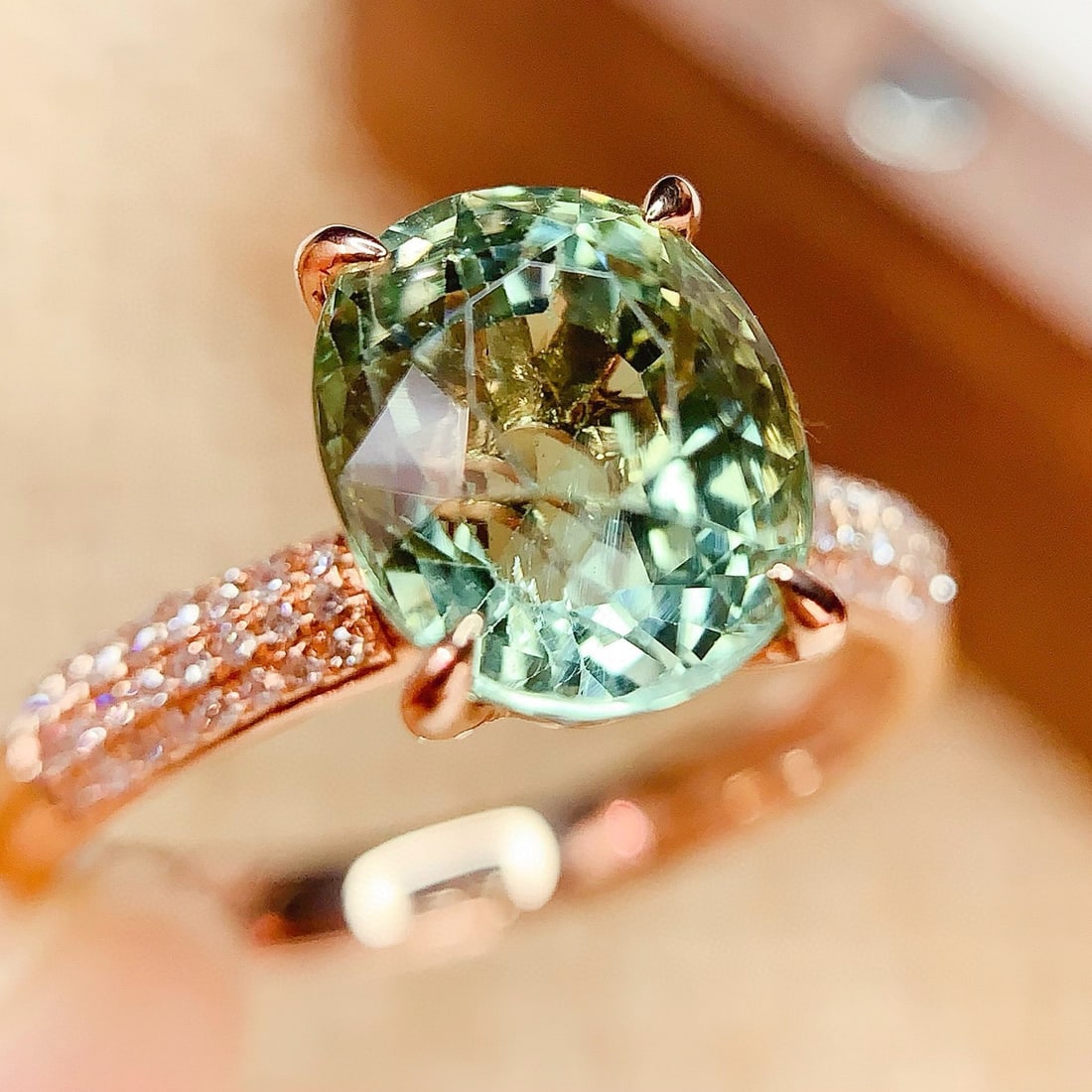 14k Gold 3.6 Ct Natural Tourmaline & Diamond Ring: Ref:230958308 // gold content:14k gold // ring size:7. 25us // // main gemstone:tourmaline // shape:oval // carat weight:3. 6ct // color:green // treatment:natural // // adjacent gemstone 2 :