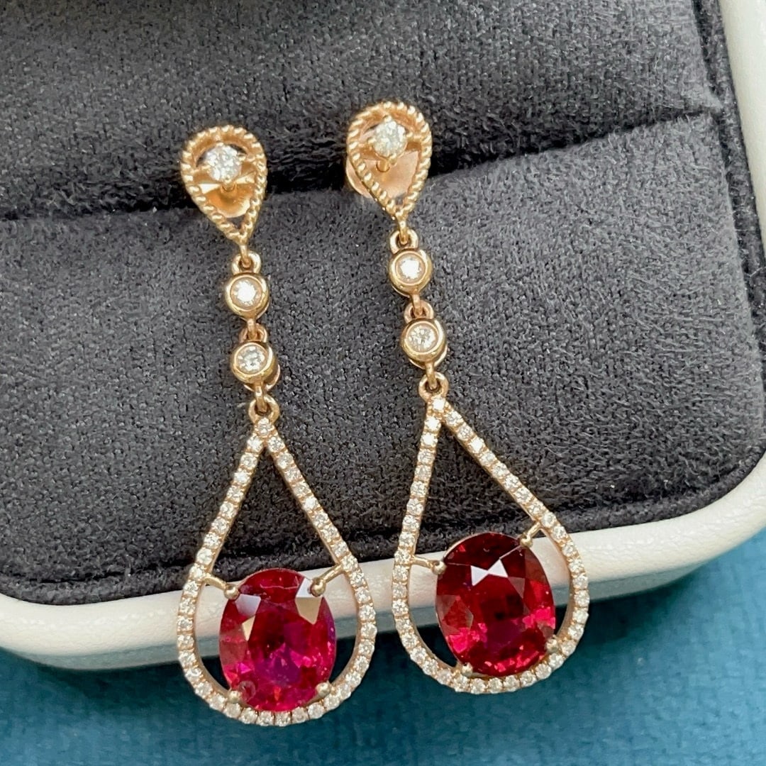 14k Gold 5.20 Ctw Natural Tourmaline & Diamond Earrings - 2