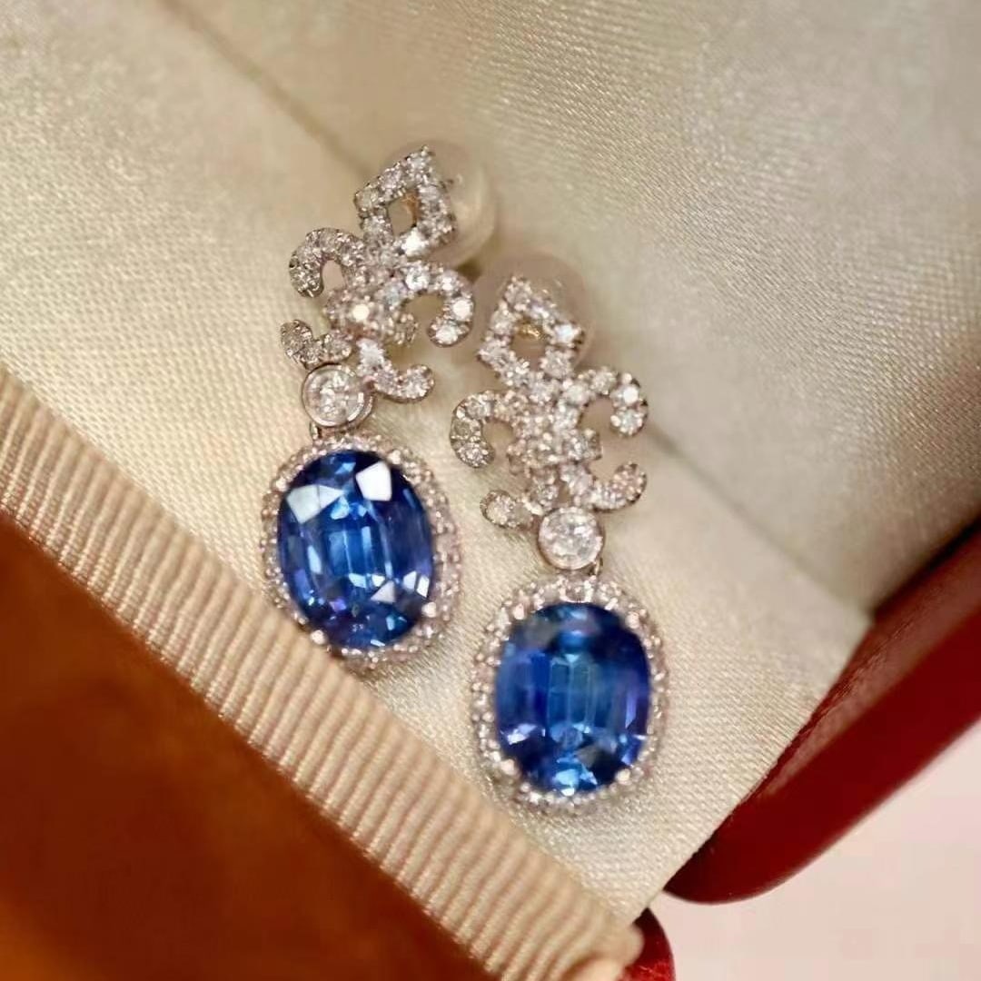 14k Gold 3.34 Ctw Natural Sapphire & Diamond Earrings - 2