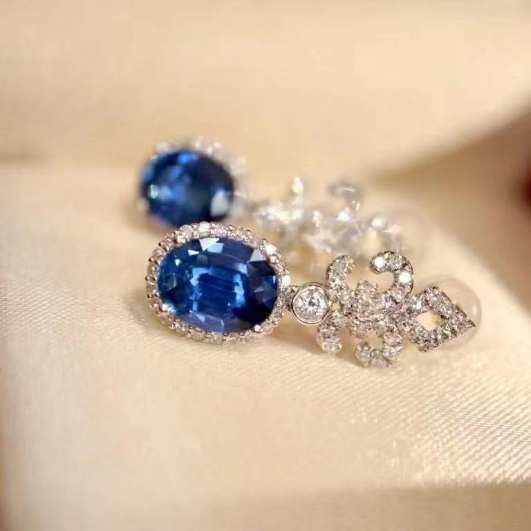 14k Gold 3.34 Ctw Natural Sapphire & Diamond Earrings - 3