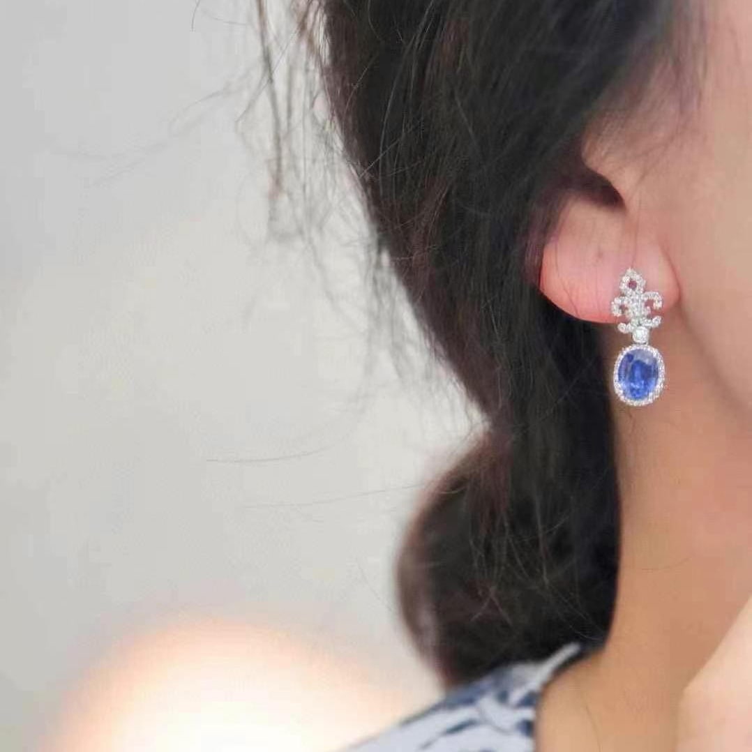 14k Gold 3.34 Ctw Natural Sapphire & Diamond Earrings - 4