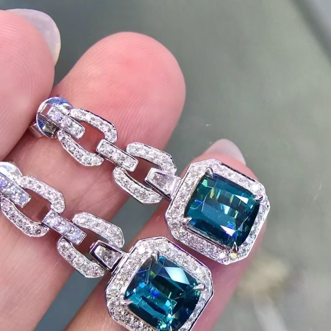 14k Gold 3.88 Ctw Natural Tourmaline & Diamond Earrings: Ref:230964016 // gold content:14k gold // main gemstone:tourmaline // shape:cushion // carat weight:3. 2ct // color:blue // treatment:natural // // adjacent gemstone 2 : diamond // shape:multiply // c