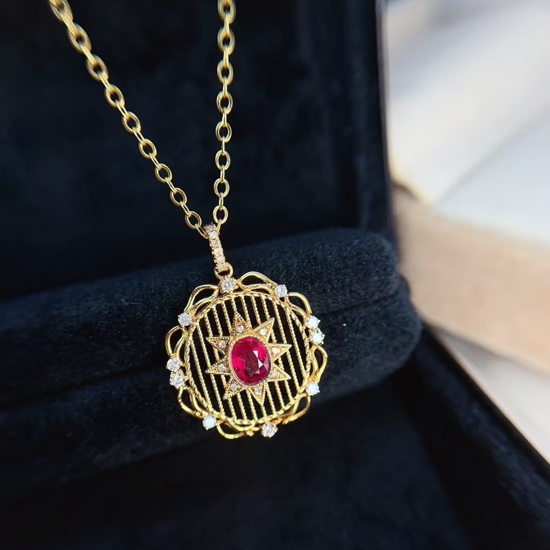 14k Gold 0.55 Ct Natural Ruby & Diamond Pendant( Without Chain ): Ref:230964122 // gold content:14k gold // main gemstone:ruby // shape:oval // carat weight:0. 55ct // color:red // treatment:natural // // adjacent gemstone 2 : diamond // number of stones:24 //