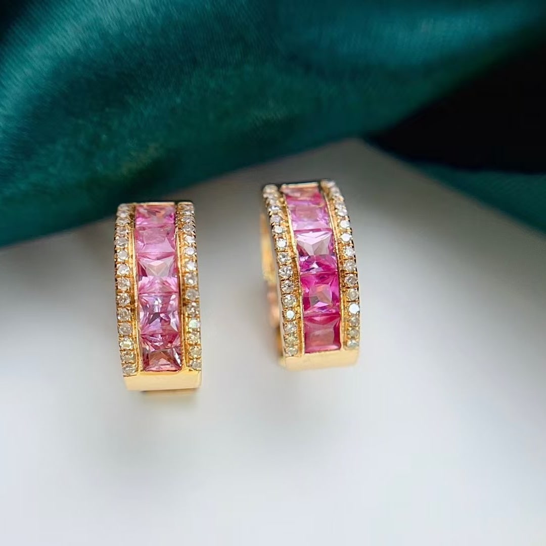 14k Gold 1.88 Ct Natural Padparadscha Sapphire & Diamond Earrings - 2