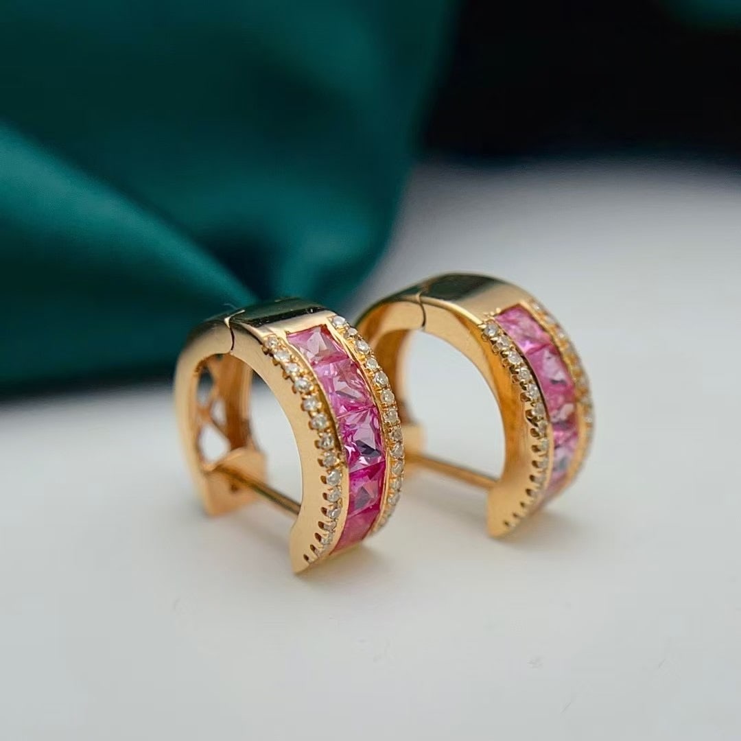 14k Gold 1.88 Ct Natural Padparadscha Sapphire & Diamond Earrings - 4