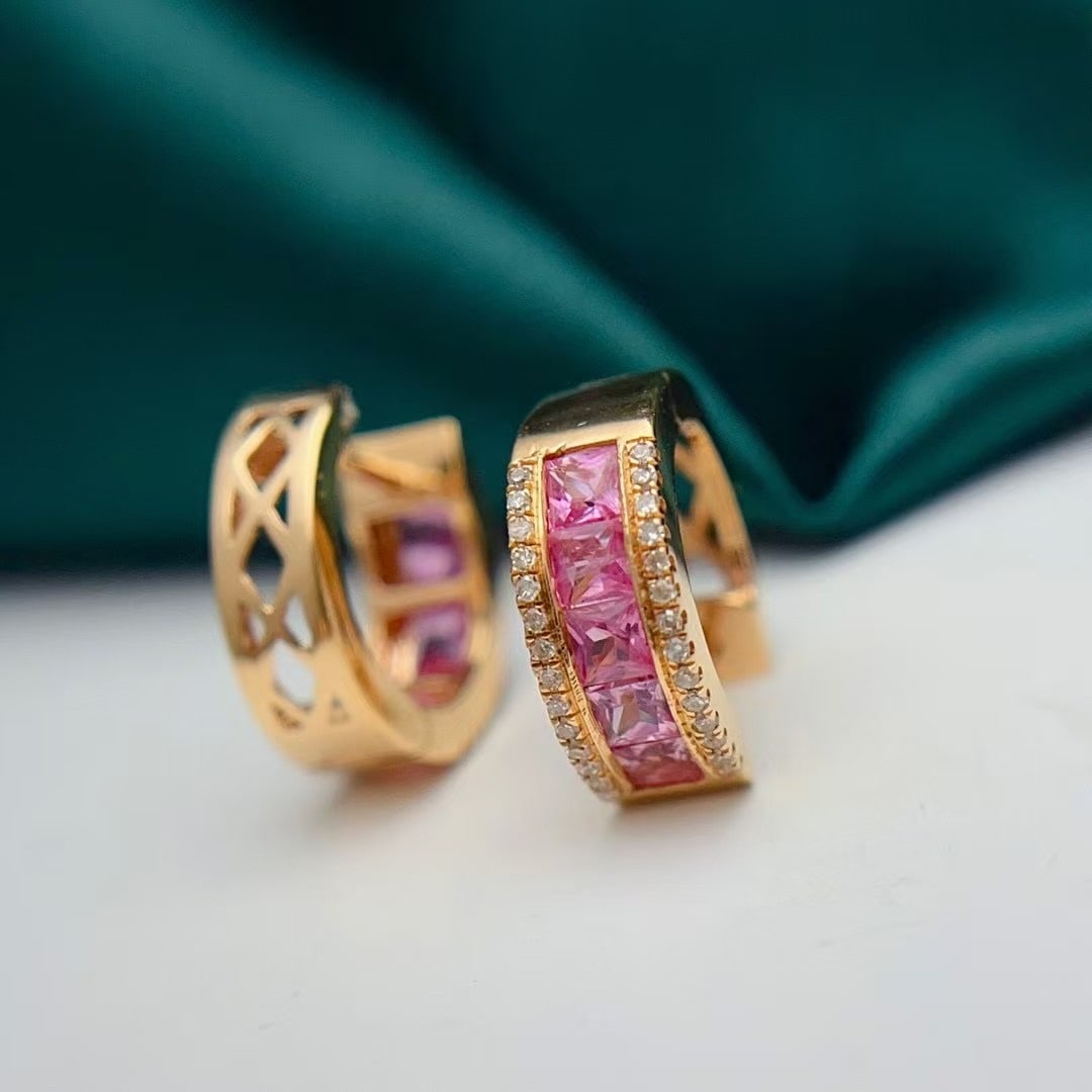14k Gold 1.88 Ct Natural Padparadscha Sapphire & Diamond Earrings - 5