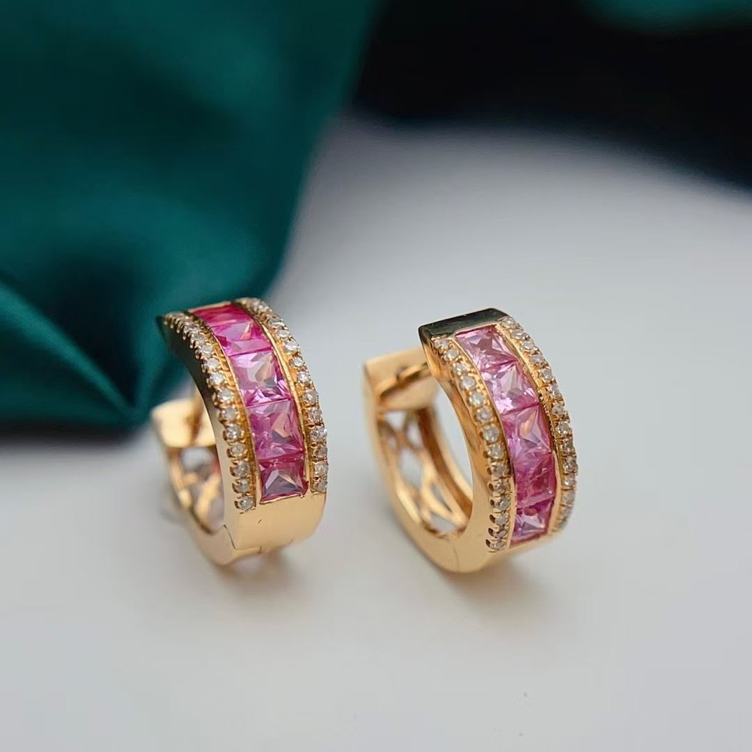 14k Gold 1.88 Ct Natural Padparadscha Sapphire & Diamond Earrings - 6