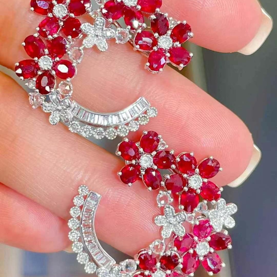 14k Gold 7 Ct Natural Ruby & Diamond & Sapphire Earrings - 2