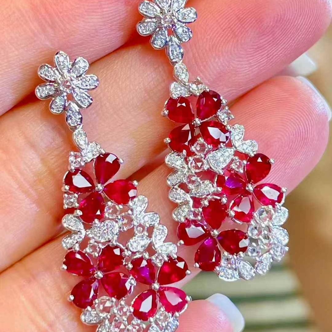 14k Gold 4.5 Ct Natural Ruby & Diamond Earrings - 4