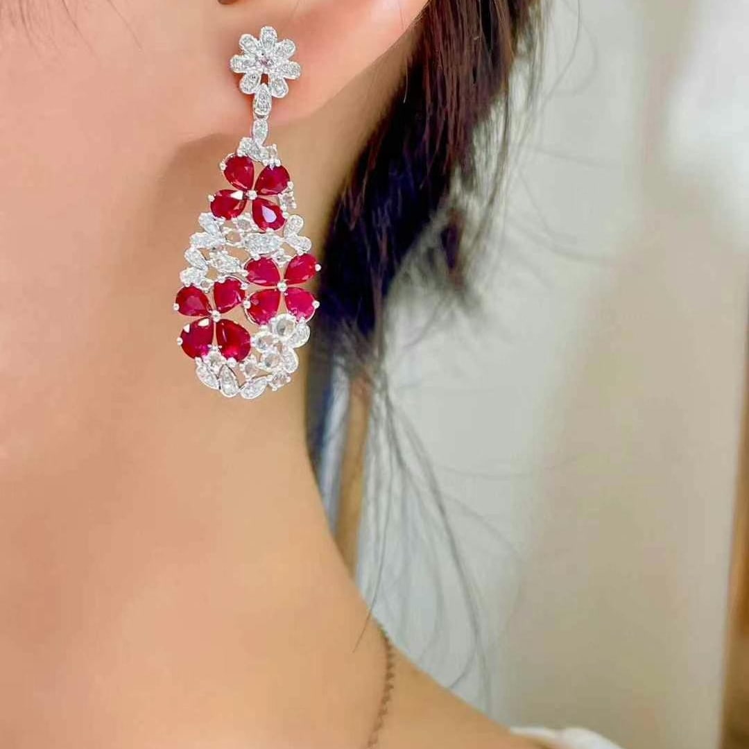 14k Gold 4.5 Ct Natural Ruby & Diamond Earrings - 6