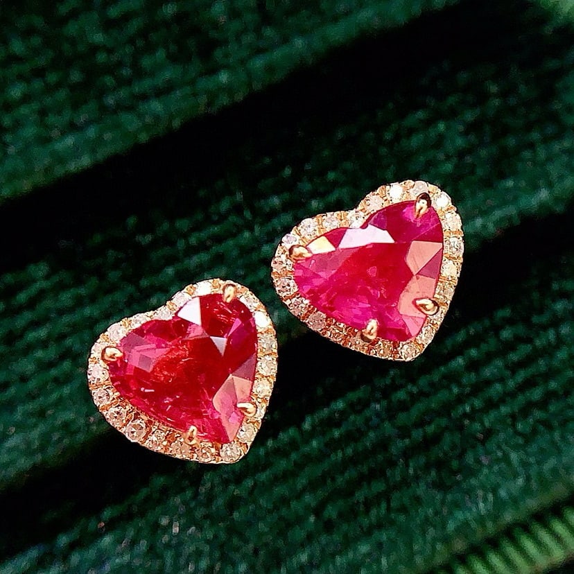 14k Gold 1.8 Ct Natural Ruby & Diamond Earrings - 5
