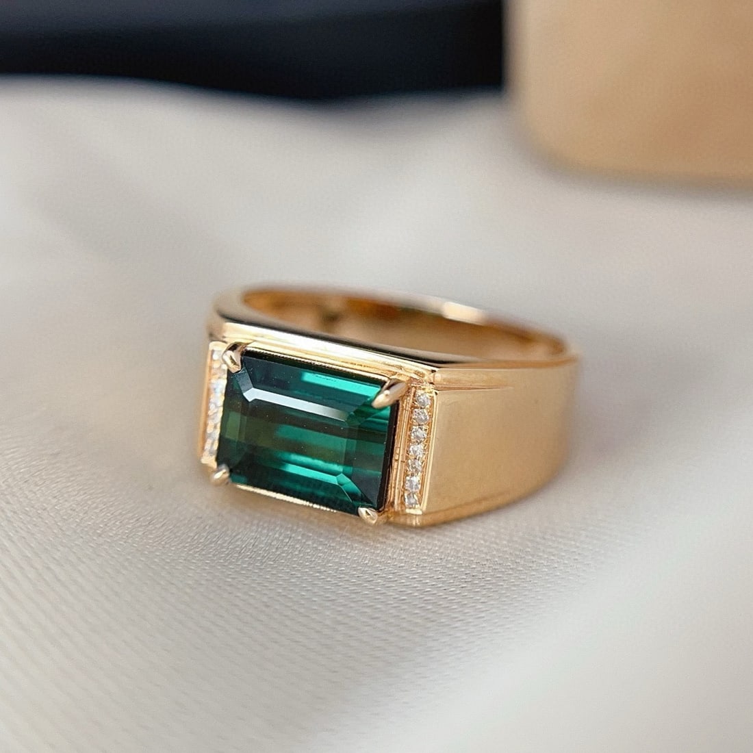 14k Gold 2.55 Ct Natural Tourmaline & Diamond & Men¡¯s Ring - 4