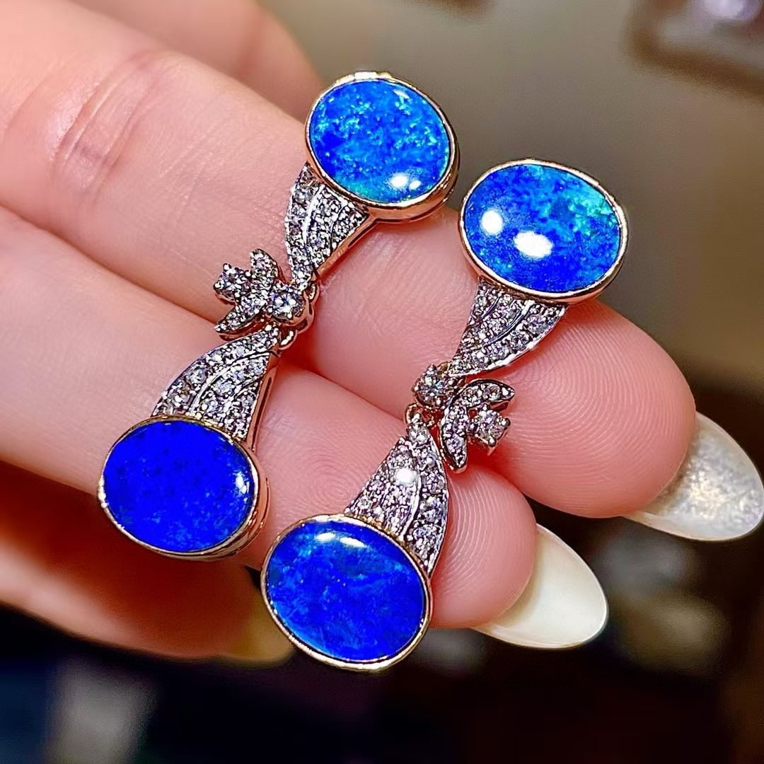 14k Gold 6.36 Ctw Natural Opal & Diamond Earrings - 2