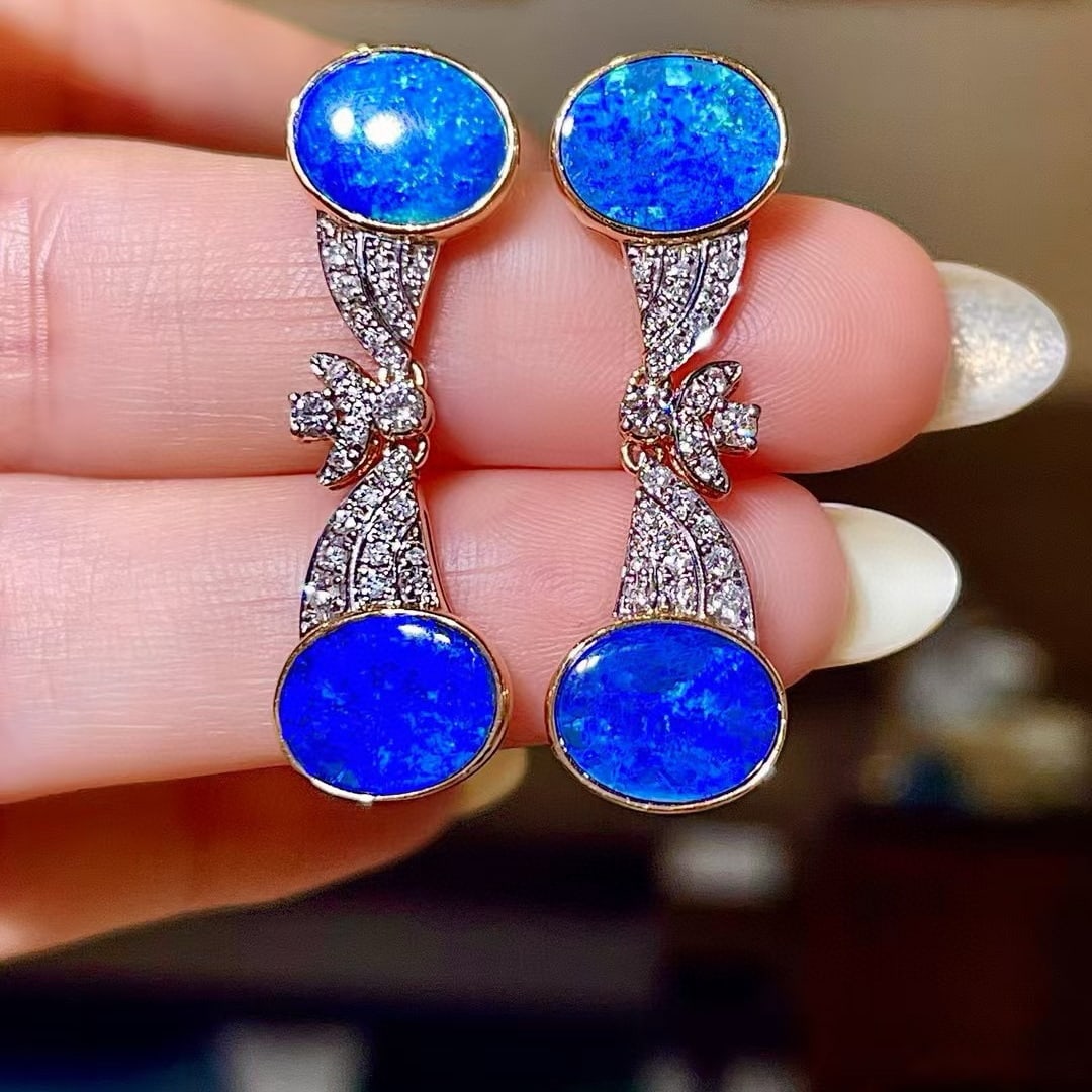 14k Gold 6.36 Ctw Natural Opal & Diamond Earrings - 4