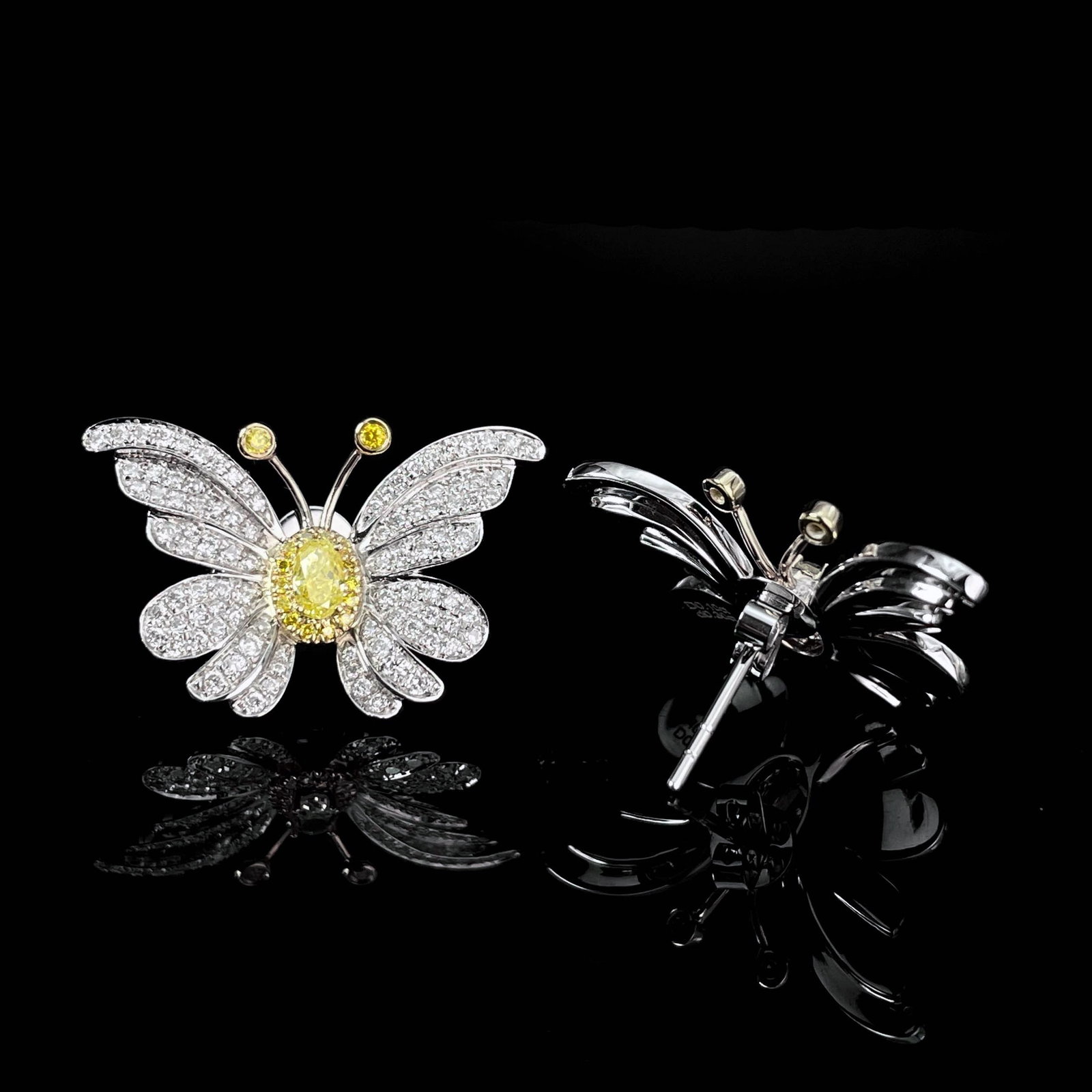14k Gold 0.8 Ctw Natural Yellow Diamond & Diamond & Butterfly Earrings - 3
