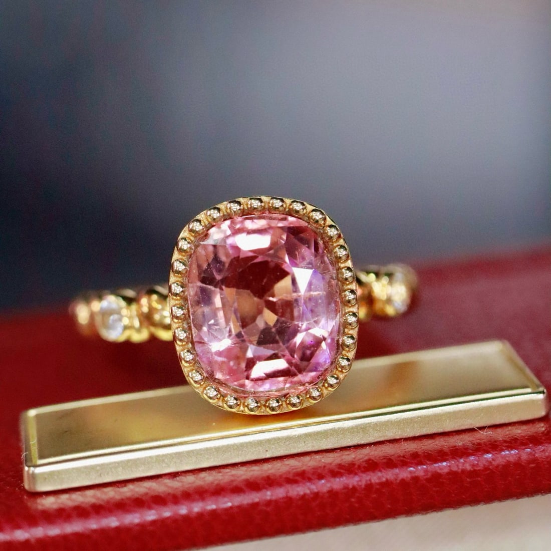 14k Gold 2.68 Ctw Natural Tourmaline & Diamond Ring: Ref:230965120 // gold content:14k gold // ring size:7. 25us // // main gemstone:tourmaline // shape:cushion // carat weight:2. 62ct // color:pink // treatment:natural // // adjacent gemstone 2 :