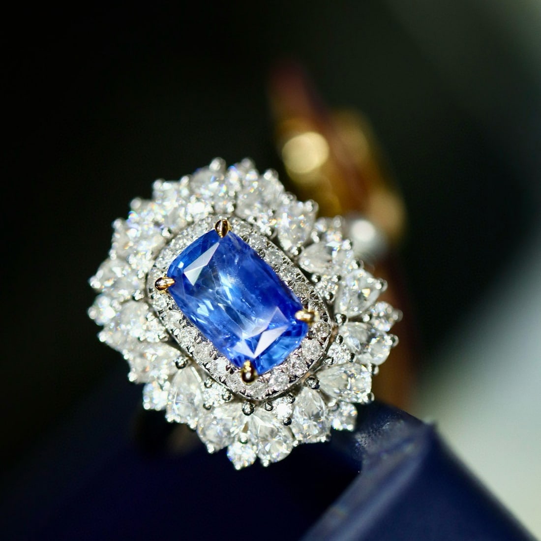14k Gold 1.44 Ctw Natural Sapphire & Diamond Ring: Ref:230965122 // gold content:14k gold // ring size:7. 25us // // main gemstone:sapphire // shape:cushion // carat weight:1. 33ct // color:blue // treatment:natural // // adjacent gemstone 2 :