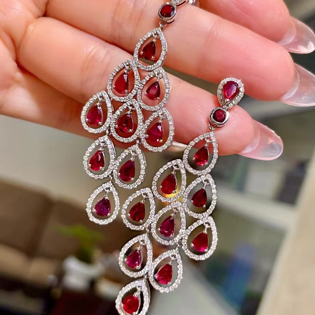14k Gold 8.42 Ctw Natural Ruby & Diamond Earrings - 2