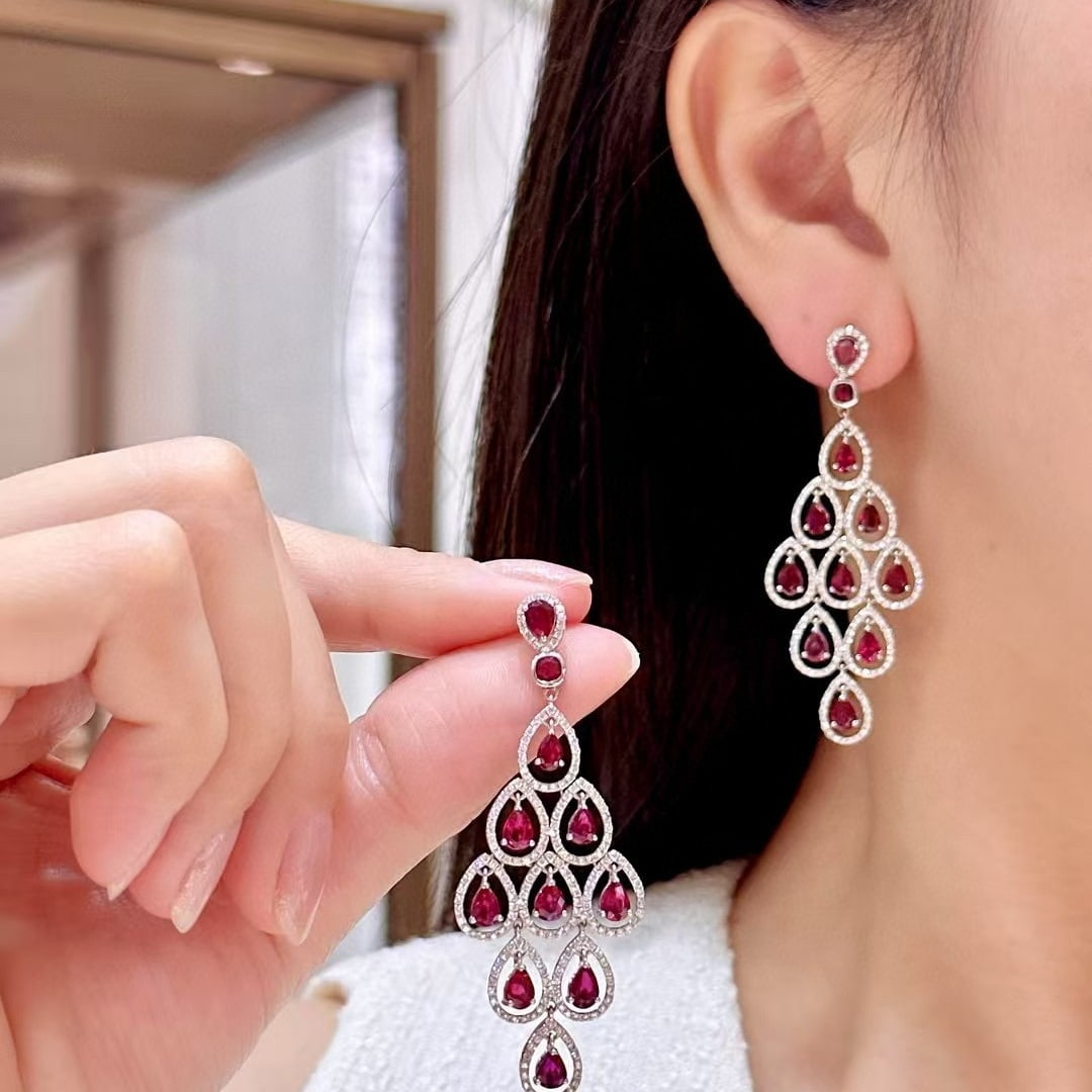 14k Gold 8.42 Ctw Natural Ruby & Diamond Earrings - 3