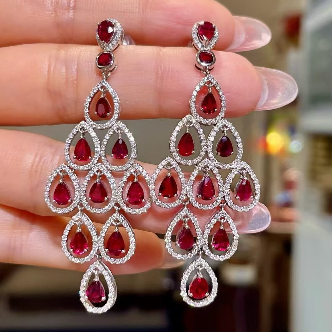 14k Gold 8.42 Ctw Natural Ruby & Diamond Earrings - 4
