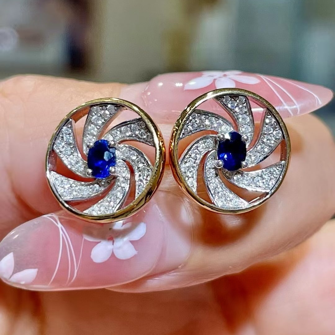 14k Gold 0.71 Ctw Vivid Blue Natural Sapphire & Diamond Earrings: Ref:230965162 // gold content:14k gold // main gemstone:sapphire // shape:oval // carat weight:0. 41ct // color:vivid blue // treatment:natural // // adjacent gemstone 2 : diamond // shape:round //