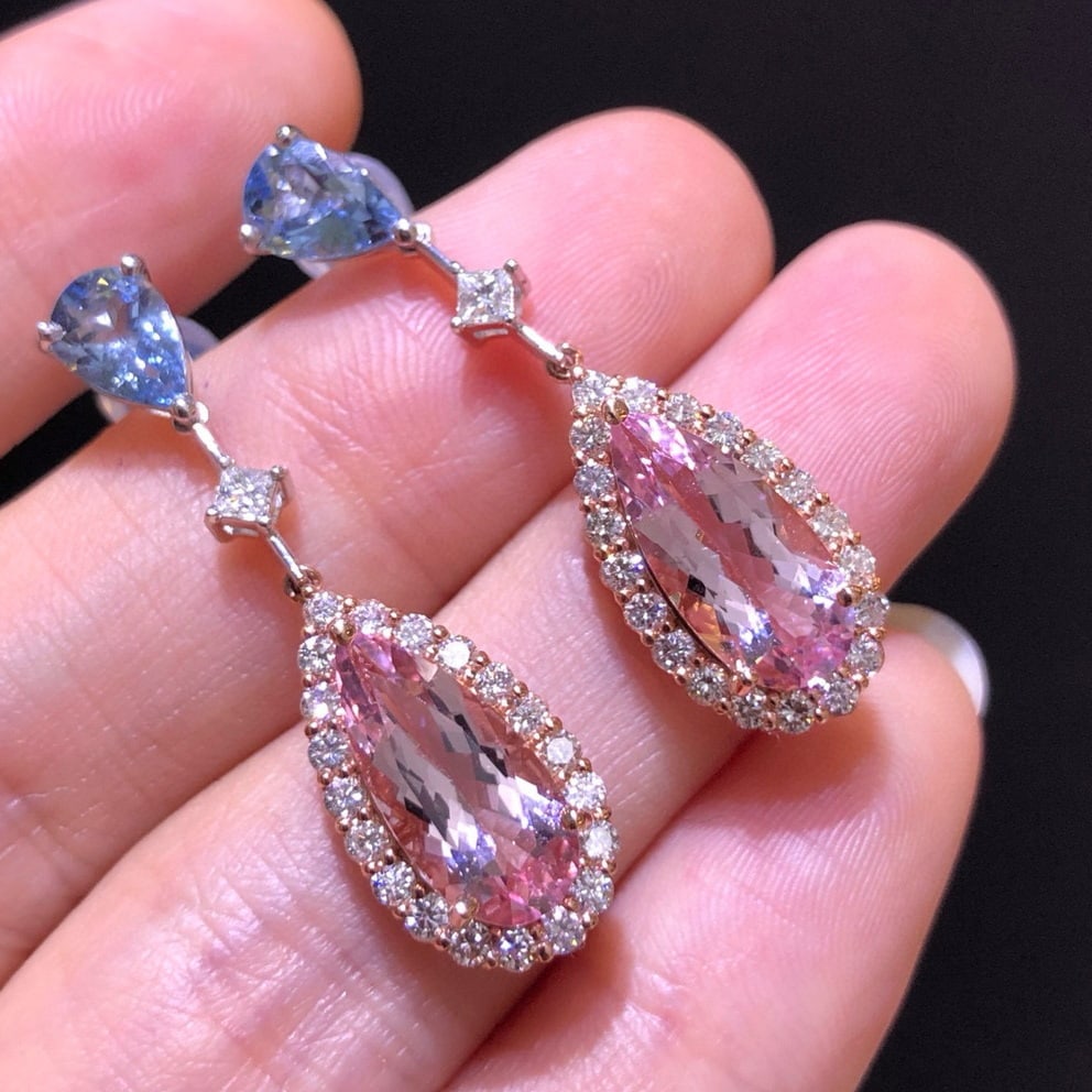 14k Gold 5.05 Ctw Natural Morganite & Aquamarine Earrings: Ref:230965252 // gold content:14k gold // main gemstone:morganite // shape:pear // carat weight:3. 92ct // color:pink // treatment:natural // // adjacent gemstone 2 : aquamarine // shape:pear //