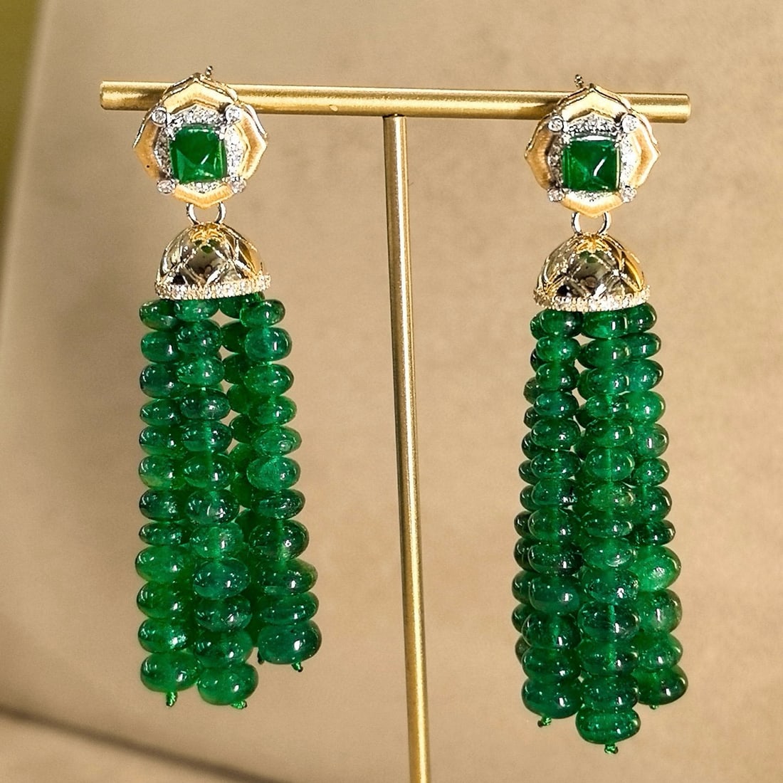14k Gold 70.5 Ctw Vivid Green Natural Emerald & Emerald Earrings - 2