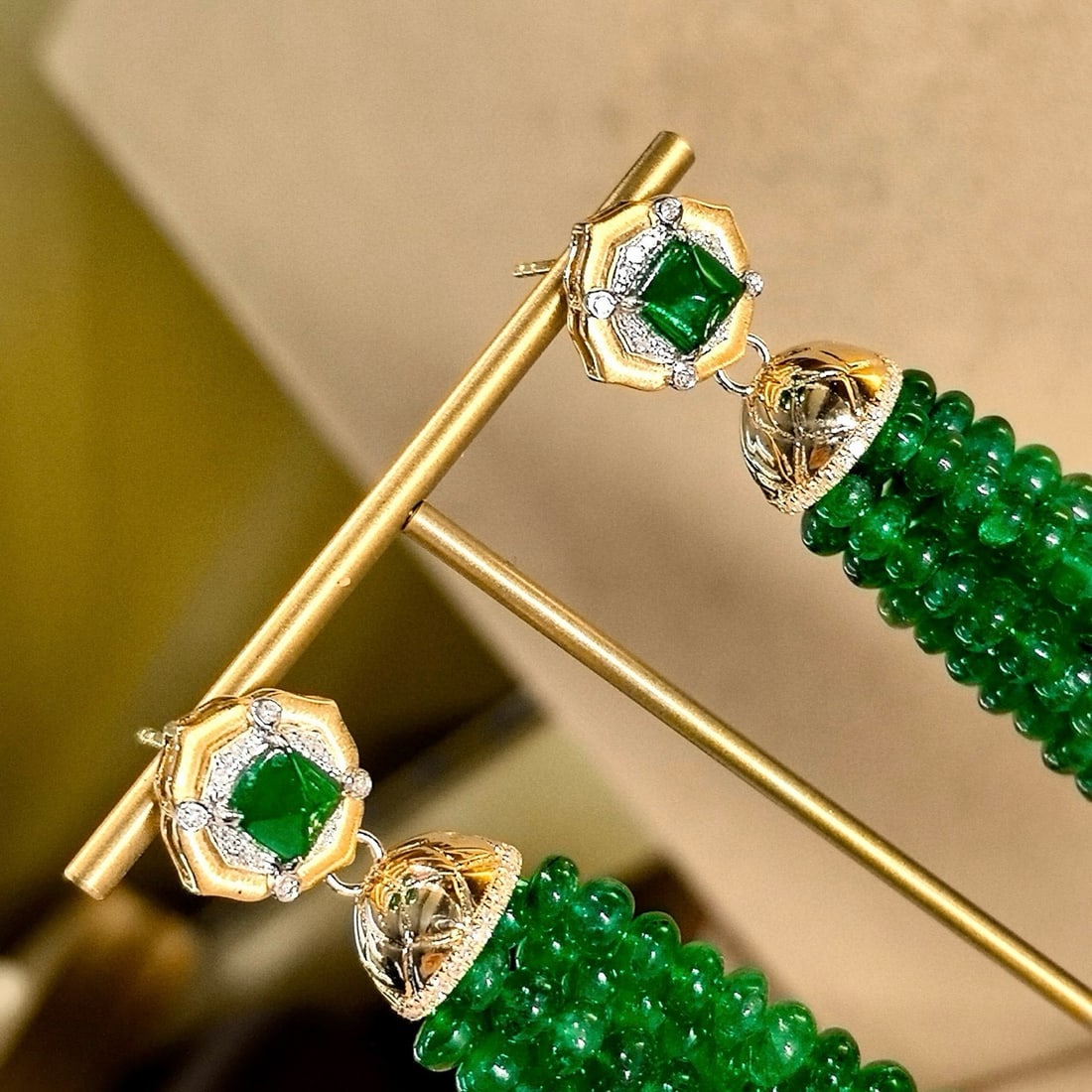 14k Gold 70.5 Ctw Vivid Green Natural Emerald & Emerald Earrings - 4