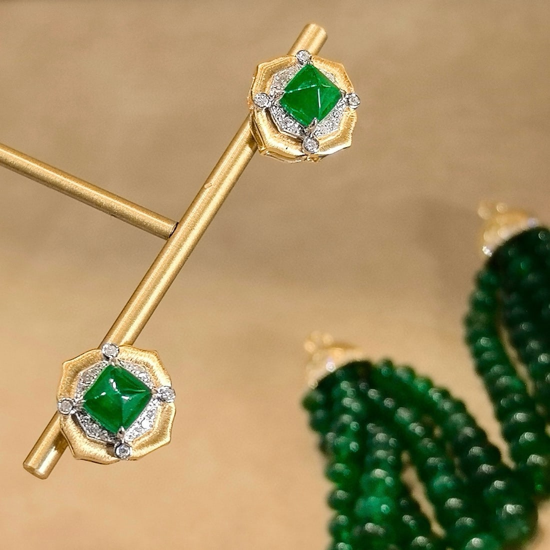 14k Gold 70.5 Ctw Vivid Green Natural Emerald & Emerald Earrings - 5