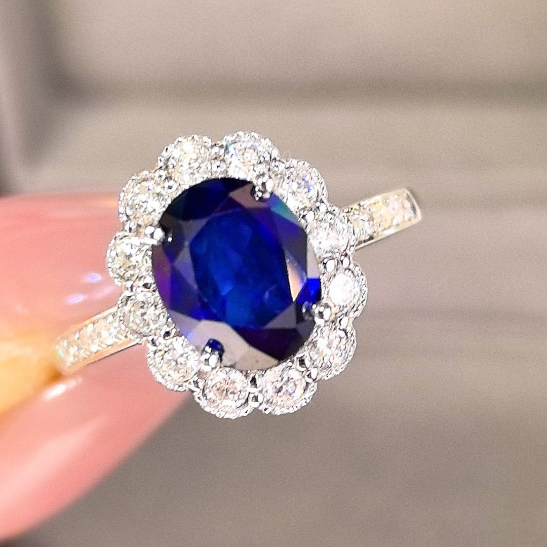 14k Gold 2.89 Ctw Natural Sapphire & Diamond Ring: Ref:230966304 // gold content:14k gold // ring size:7. 25us // // main gemstone:sapphire // shape:oval // carat weight:2. 44ct // color:royal blue // treatment:natural // // adjacent gemstone 2 :