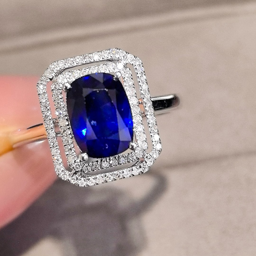 14k Gold 2.91 Ctw Natural Sapphire & Diamond Ring: Ref:230966307 // gold content:14k gold // ring size:7. 25us // // main gemstone:sapphire // shape:cushion // carat weight:2. 68ct // color:royal blue // treatment:natural // // adjacent gemstone 2 :