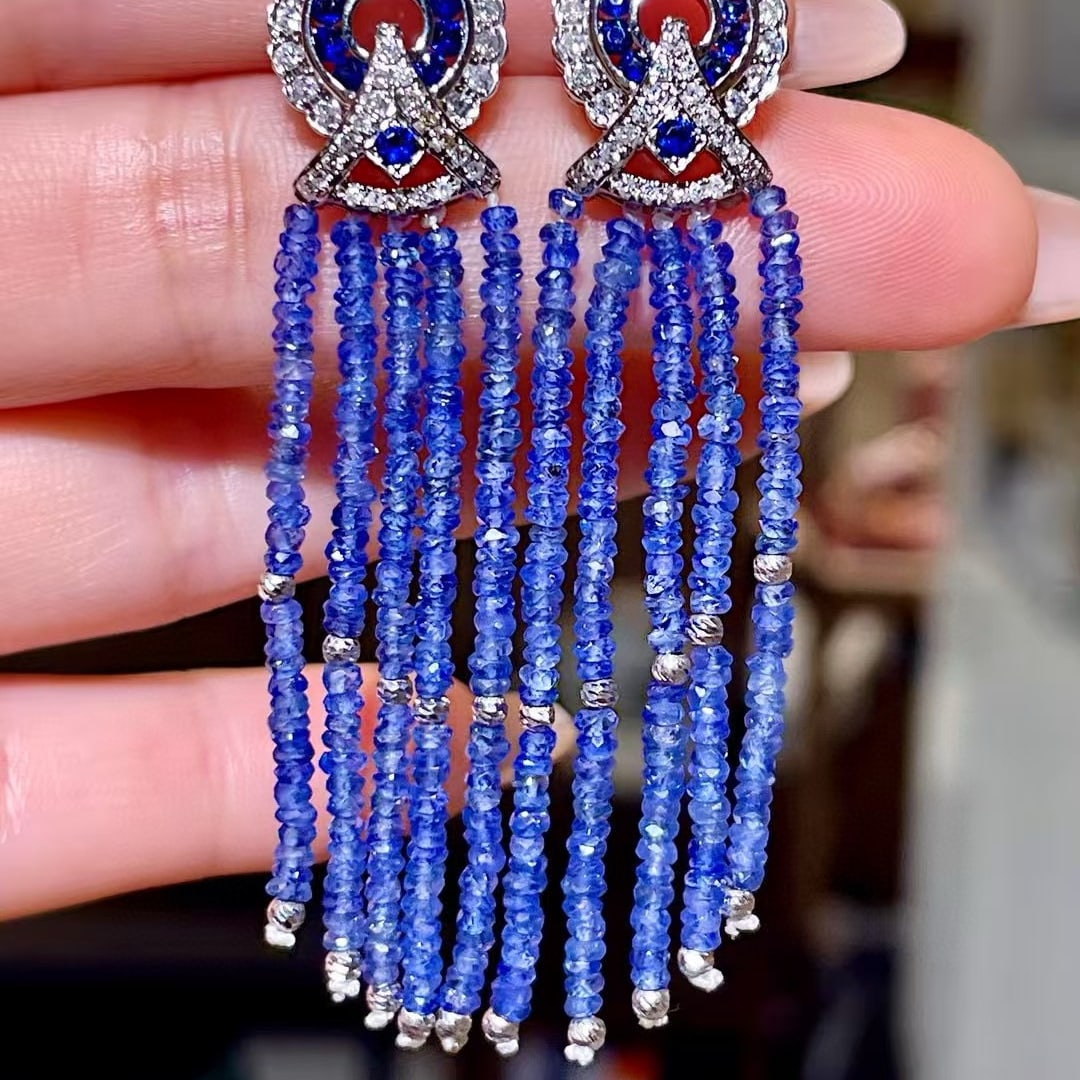 14k Gold 21.29 Ctw Natural Sapphire & Sapphire Earrings: Ref:230966316 // gold content:14k gold // main gemstone:sapphire // shape:bead // carat weight:20. 58ct // color:blue // treatment:natural // // adjacent gemstone 2 : sapphire // shape:round // carat 