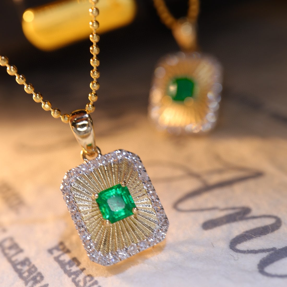 14k Gold 0.48 Ctw Natural Emerald & Diamond Pendant( Without Chain ) - 2