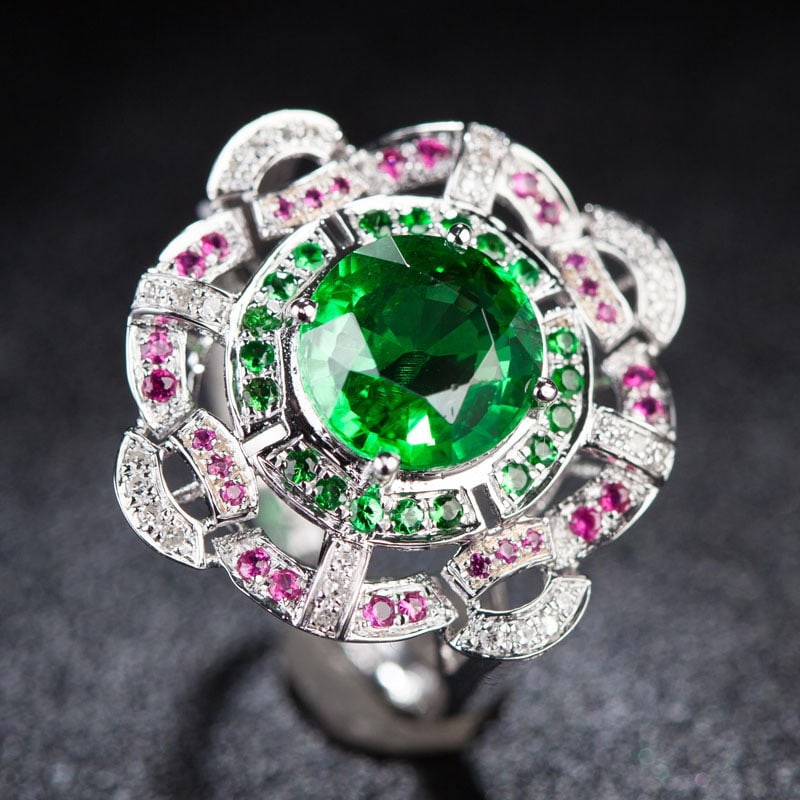 14k Gold 2.6 Ct Natural Tsavorite & Ruby & Diamond & Tsavorite Ring - 2