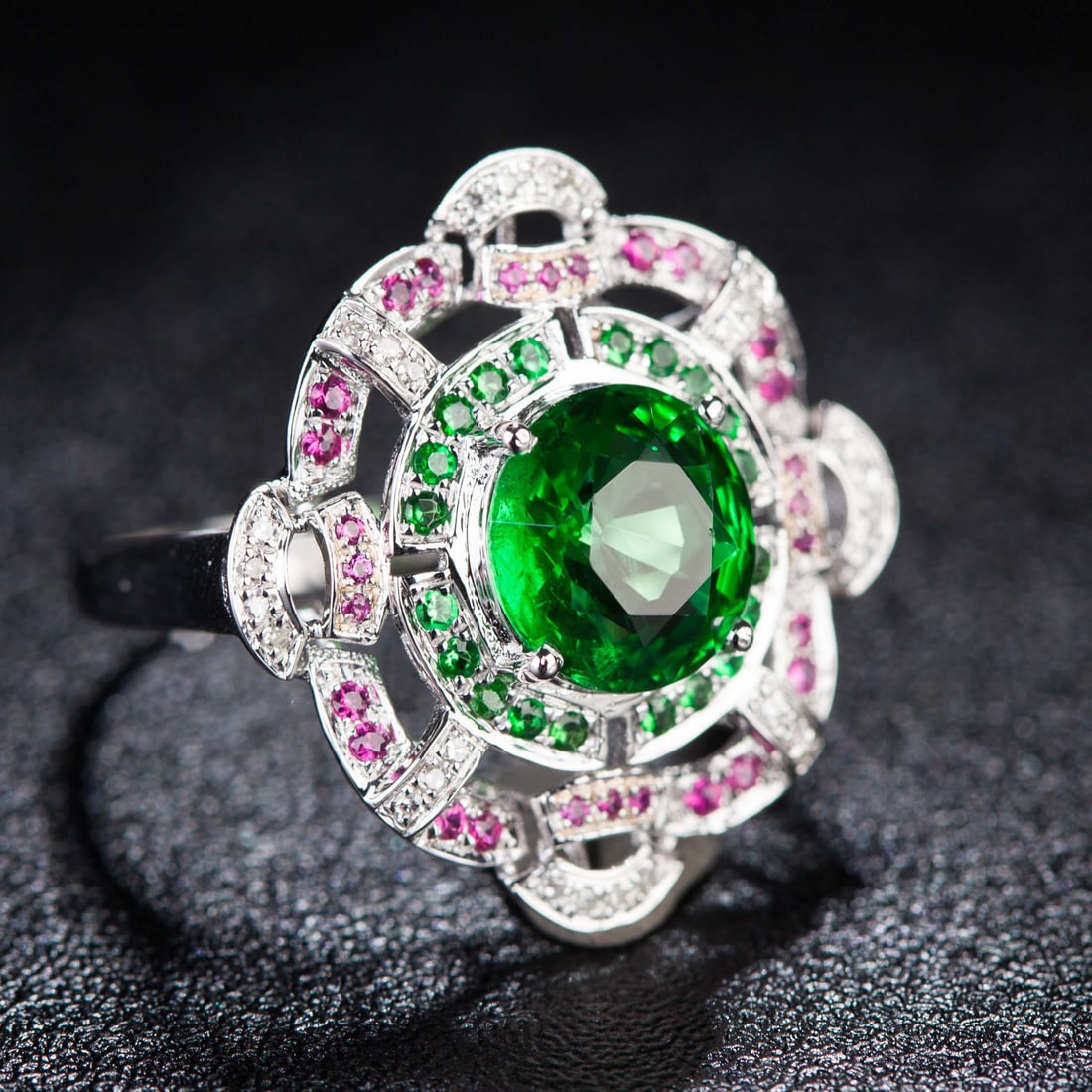 14k Gold 2.6 Ct Natural Tsavorite & Ruby & Diamond & Tsavorite Ring - 3