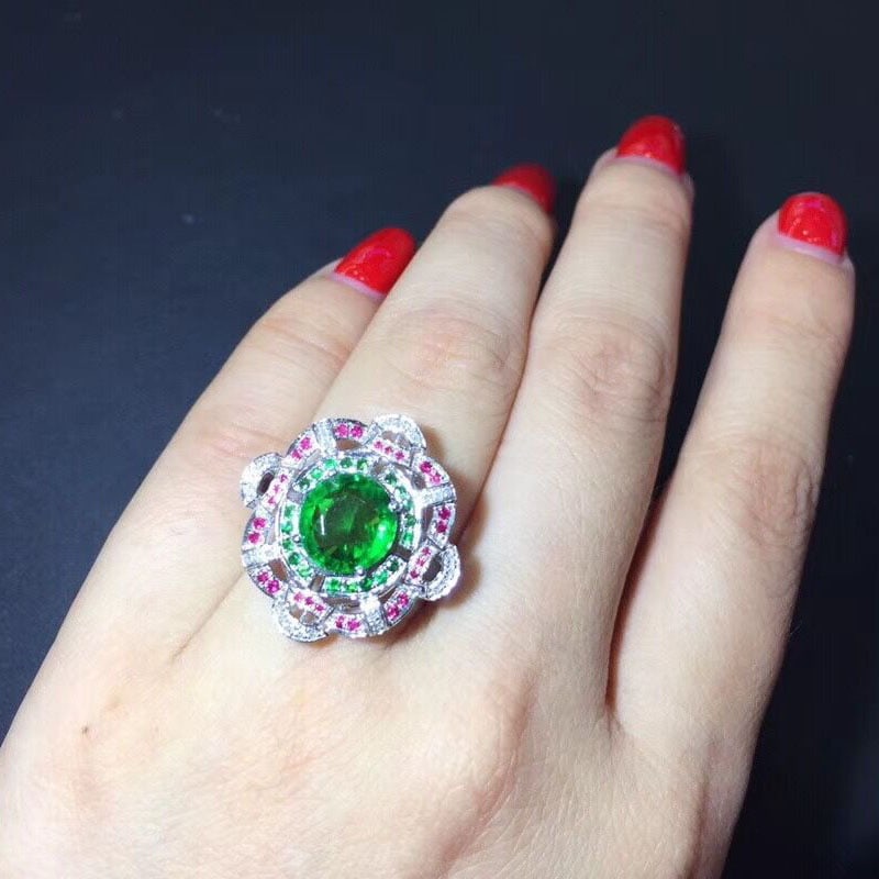 14k Gold 2.6 Ct Natural Tsavorite & Ruby & Diamond & Tsavorite Ring - 5