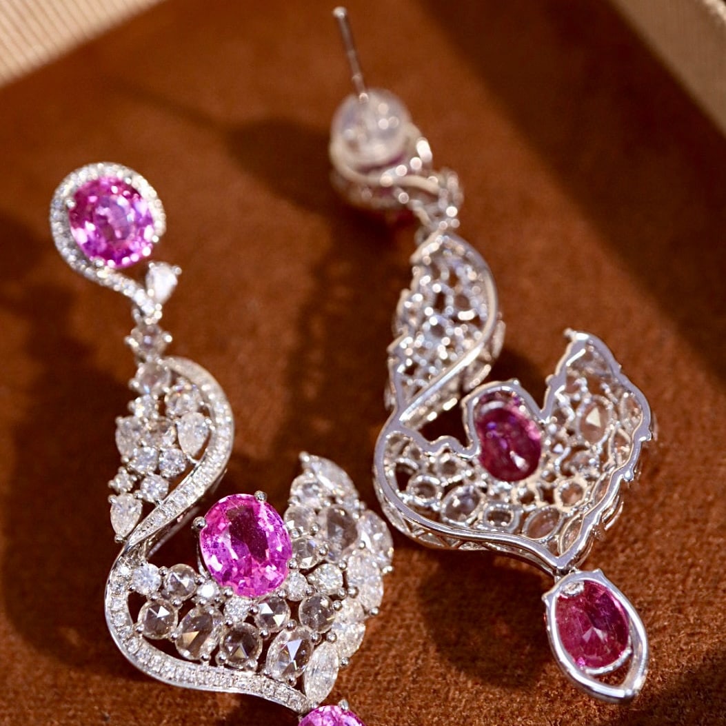 14k Gold 7.48 Ctw Natural Padparadscha Sapphire & Diamond Earrings - 2