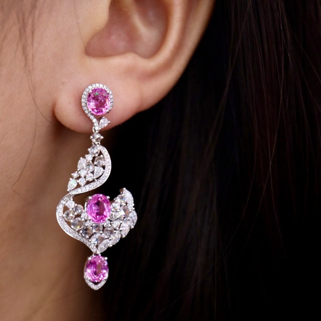 14k Gold 7.48 Ctw Natural Padparadscha Sapphire & Diamond Earrings - 3