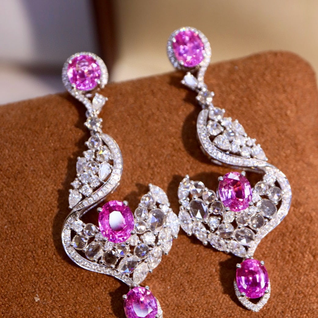 14k Gold 7.48 Ctw Natural Padparadscha Sapphire & Diamond Earrings - 4
